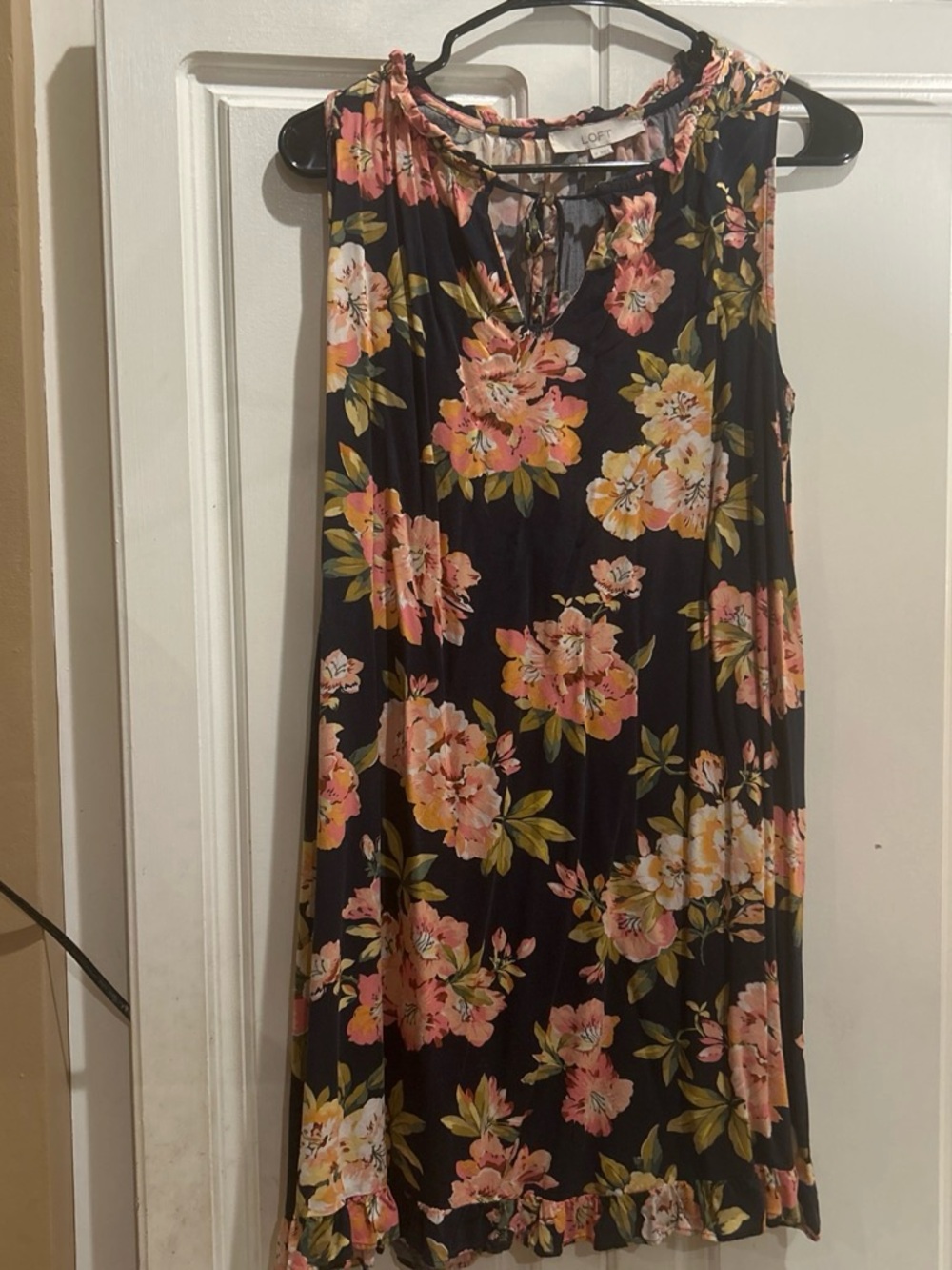 LOFT Black Floral A-Line Dress Skirt with Peach and Yellow Blooms